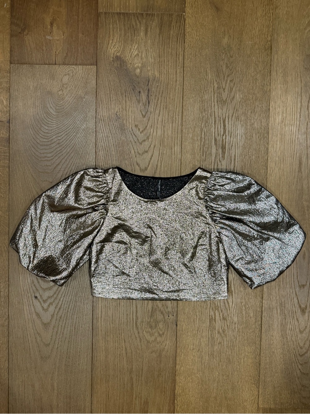 Zara Trafaluc Metallic Puff Sleeve Crop Top Blouse Silver Gold